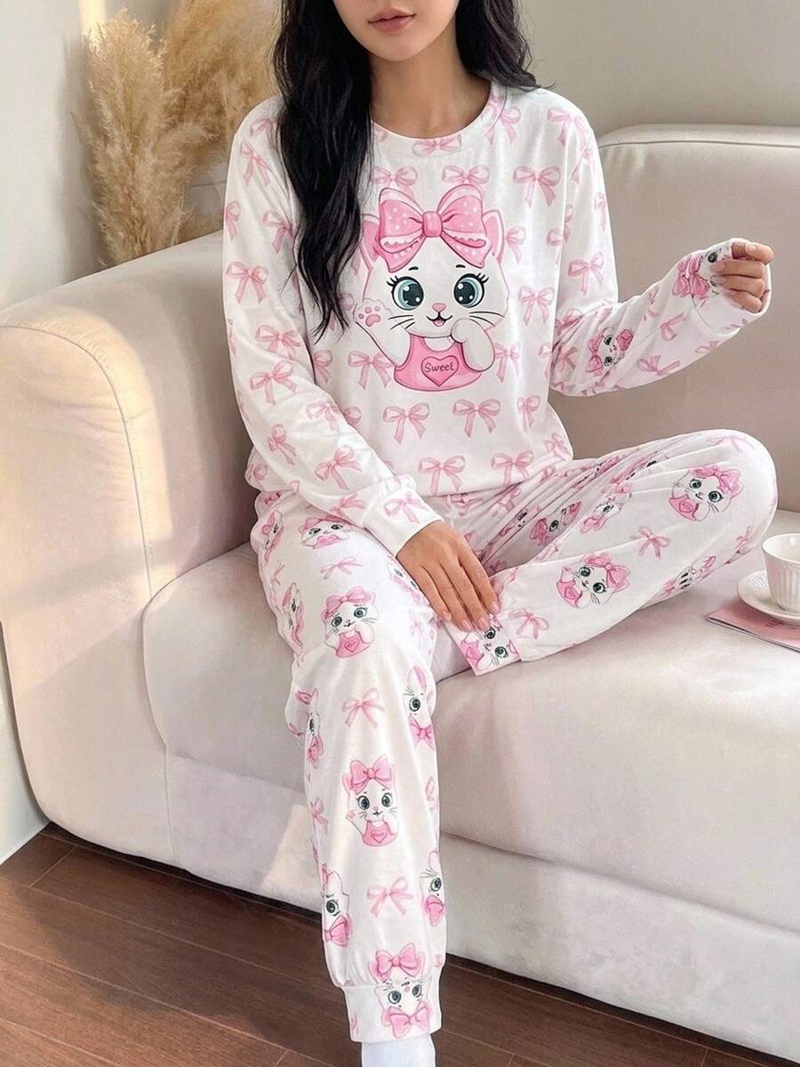 SHEIN Tween Girl Cartoon Print Crew Neck Pullover Top And Leggings Knit Fabric Soft Comfortable Casual Pajama Set - Multicolor - View 1