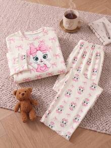 SHEIN Tween Girl Cartoon Print Crew Neck Pullover Top And Leggings Knit Fabric Soft Comfortable Casual Pajama Set - Multicolor - View 8