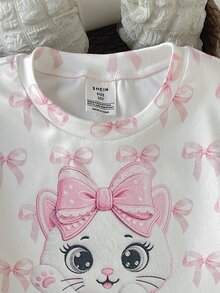 SHEIN Tween Girl Cartoon Print Crew Neck Pullover Top And Leggings Knit Fabric Soft Comfortable Casual Pajama Set - Multicolor - View 11