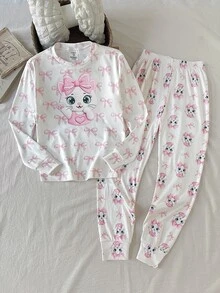 SHEIN Tween Girl Cartoon Print Crew Neck Pullover Top And Leggings Knit Fabric Soft Comfortable Casual Pajama Set - Multicolor - View 6