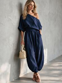 SHEIN Setelan Kasual Sehari-hari Wanita: Atasan Bahu Asimetris Warna Polos dan Celana Panjang - Navy Blue - View 2