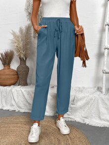 SHEIN Solid Color Drawstring Pocketed Casual Jogger Pants - Dusty Blue - View 7