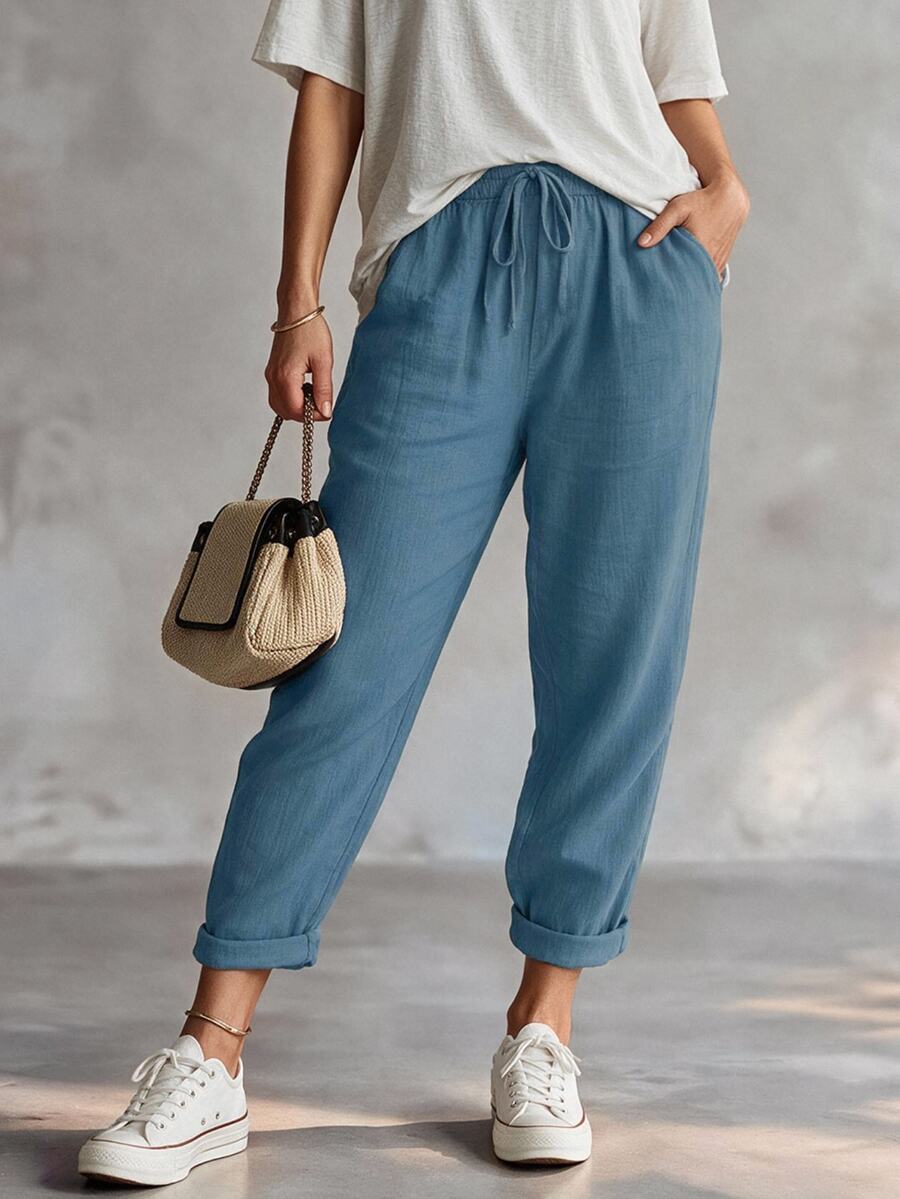 SHEIN Solid Color Drawstring Pocketed Casual Jogger Pants - Dusty Blue - View 1