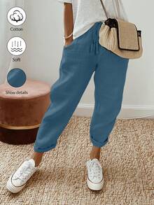 SHEIN Solid Color Drawstring Pocketed Casual Jogger Pants - Dusty Blue - View 2