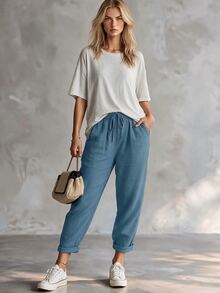 SHEIN Solid Color Drawstring Pocketed Casual Jogger Pants - Dusty Blue - View 3