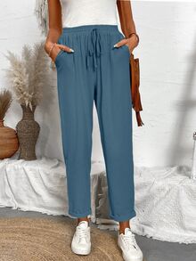 SHEIN Solid Color Drawstring Pocketed Casual Jogger Pants - Dusty Blue - View 8