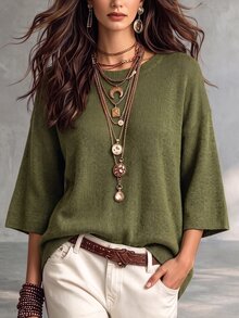 SHEIN Casual Loose Round Neck 3/4 Sleeve Knit Batwing Sleeve ,Green ...
