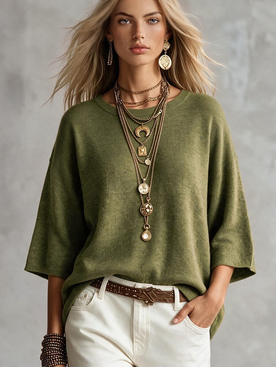 SHEIN Casual Loose Round Neck 3/4 Sleeve Knit Batwing Sleeve ,Green ...