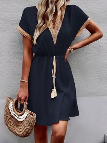 Trelyra Women Stylish Summer V-Neck Fringed Belted Dress - Navy Blue - View 7