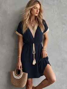 Trelyra Women Stylish Summer V-Neck Fringed Belted Dress - Navy Blue - View 1