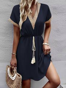 Trelyra Women Stylish Summer V-Neck Fringed Belted Dress - Navy Blue - View 2