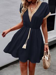 Trelyra Women Stylish Summer V-Neck Fringed Belted Dress - Navy Blue - View 6