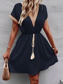 Trelyra Women Stylish Summer V-Neck Fringed Belted Dress - Navy Blue - View 5