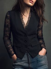 SHEIN 女款秋季法式優雅日常通勤設計蕾絲拼接V領長袖假口袋裝飾修身黑色輕量西裝外套 - 黑色 - 查看 7