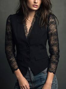 SHEIN 女款秋季法式優雅日常通勤設計蕾絲拼接V領長袖假口袋裝飾修身黑色輕量西裝外套 - 黑色 - 查看 4