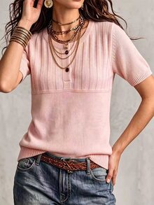 SHEIN 休閒寬鬆圓領短袖針織半開襟鈕扣設計杏色女款春秋針織上衣 - 粉色 - 查看 7