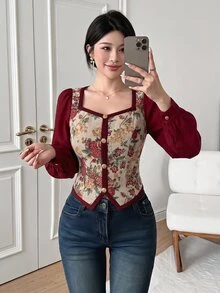 Feyla New Vintage Style Colorblock Mixed Fabric Patchwork Print Daily Versatile Waist-Cinching Slimming Party Vacation Blouse - Burgundy - View 2