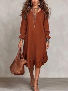 Linhara CURVE Ladies' Casual Long-Sleeve Dress With Ruffled Hem, Bohemian-Style Autumn Vacation Brown Dress. - Multicolor - View 3