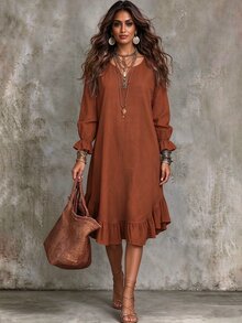 Linhara CURVE Ladies' Casual Long-Sleeve Dress With Ruffled Hem, Bohemian-Style Autumn Vacation Brown Dress. - Multicolor - View 1