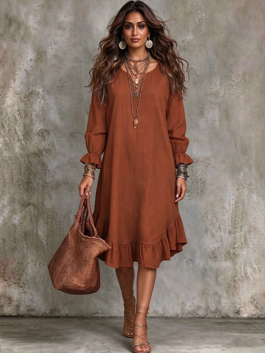 Linhara CURVE Ladies' Casual Long-Sleeve Dress With Ruffled Hem, Bohemian-Style Autumn Vacation Brown Dress. - Multicolor - View 1