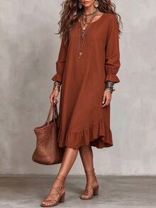 Linhara CURVE Ladies' Casual Long-Sleeve Dress With Ruffled Hem, Bohemian-Style Autumn Vacation Brown Dress. - Multicolor - View 6