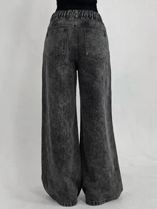 SHEIN Girls' Shiny Rhinestone Black Denim Loose Fit Long Pants - Black - View 6