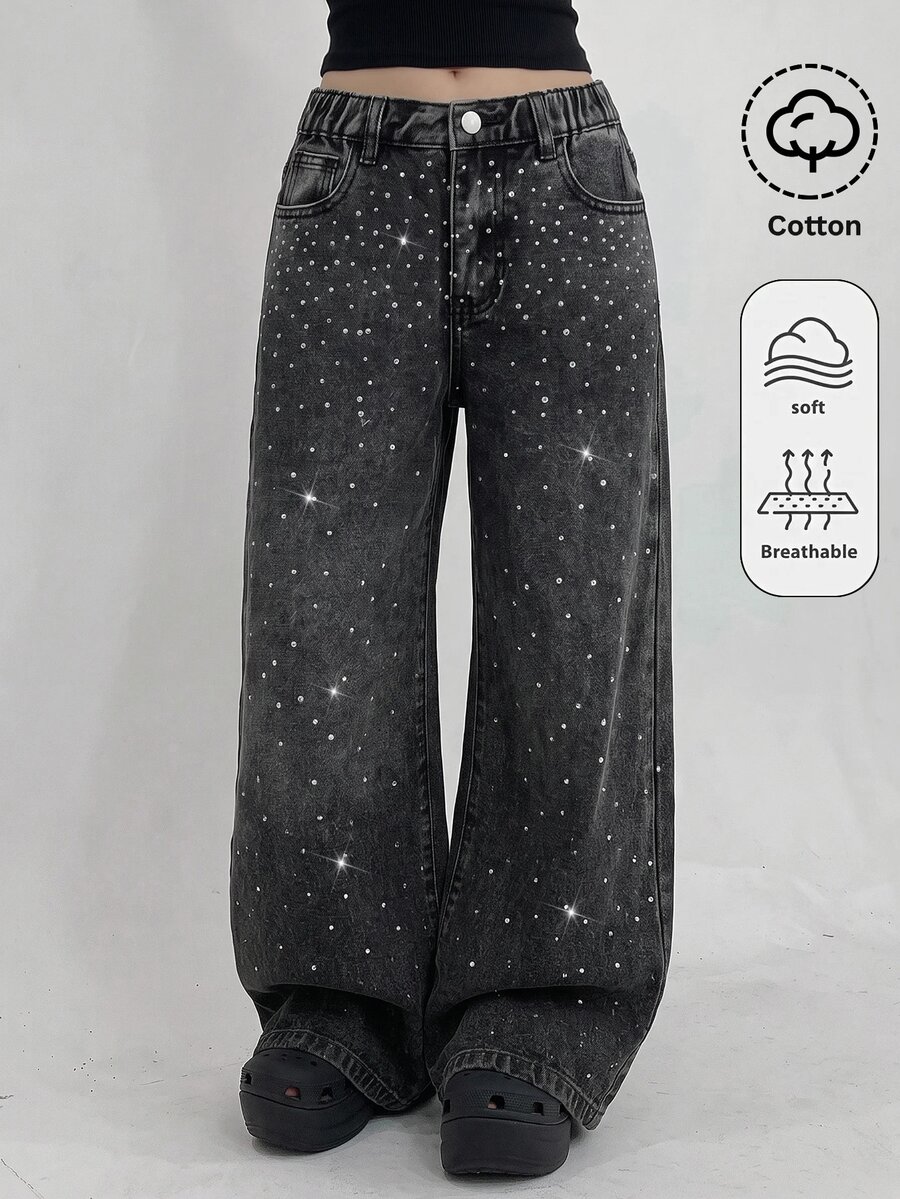 SHEIN Girls' Shiny Rhinestone Black Denim Loose Fit Long Pants - Black - View 1