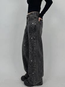 SHEIN Girls' Shiny Rhinestone Black Denim Loose Fit Long Pants - Black - View 5