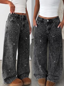 SHEIN Girls' Shiny Rhinestone Black Denim Loose Fit Long Pants - Black - View 1