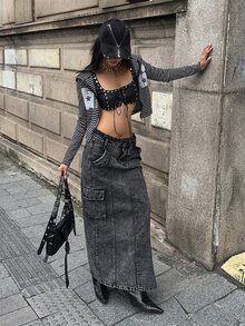 StreetHx Fashionable Casual Streetwear Cargo Multi-Pocket Low Waist Denim Skirt - Black - View 4