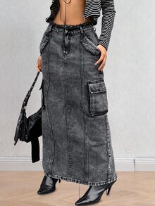 StreetHx Fashionable Casual Streetwear Cargo Multi-Pocket Low Waist Denim Skirt - Black - View 8