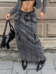 StreetHx Fashionable Casual Streetwear Cargo Multi-Pocket Low Waist Denim Skirt - Black - View 3