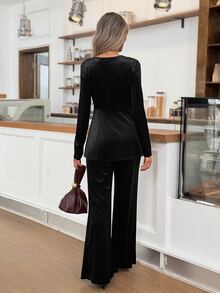 Easowa Women's Fall/Winter Chic Women's Flocked Long Sleeve Wrap Top And Flared Trousers Set Comfortable And Stylish For Any Occasion Party Work Outfits - Black - View 7