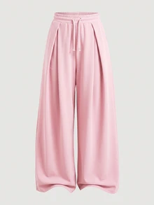 SHEIN 青少年女孩純色抽繩腰休閒百搭日常穿著長褲 - 粉色 - 查看 7