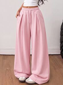 SHEIN 青少年女孩純色抽繩腰休閒百搭日常穿著長褲 - 粉色 - 查看 1