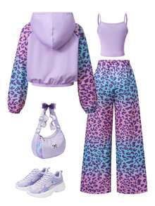 SHEIN Tween Girls Fall Outfits 3pcs Set Vintage, Zipper Hoodies Loose, Knit, Fall, Holiday Outfits, Casual, Comfortable - Multicolor - View 2