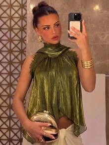 Aloruh ملابس علوية نسائية أنيقة من الشيفون مع تطريز دانتيل وتصميم رقعات وياقة مكشكشة - أخضر - مشاهدة 1