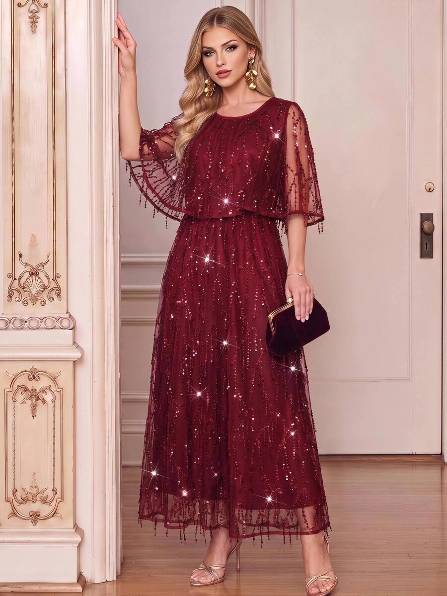 Amorya Women's Round Neck Sequin Mesh Elegant Sexy Mid-Length Dress New Year Dinner Party Cocktail Burgundy Summer - Burgundy - View 1
