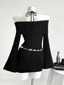 Sunspun Plus Size Women's Spaghetti Strap Cold Shoulder Bow-Decorated Flared Sleeve Bodycon Dress, Simple Elegant Sweet Autumn Spring Black Dress - Black - View 2