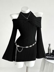 Sunspun Plus Size Women's Spaghetti Strap Cold Shoulder Bow-Decorated Flared Sleeve Bodycon Dress, Simple Elegant Sweet Autumn Spring Black Dress - Black - View 3