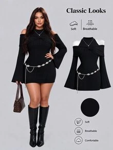 Sunspun Plus Size Women's Spaghetti Strap Cold Shoulder Bow-Decorated Flared Sleeve Bodycon Dress, Simple Elegant Sweet Autumn Spring Black Dress - Black - View 1