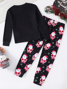 SHEIN Tween男孩Glowmode卡通印花長袖上衣與長褲休閒可愛日系居家睡衣套裝，黑色，適合聖誕夜、秋季，貼身版型 - 彩色 - 查看 2