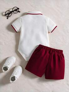 SHEIN 嬰兒男童顏色區塊短袖連身衣和短褲套裝 - 紅白色 - 查看 3