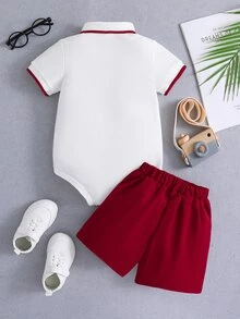 SHEIN 嬰兒男童顏色區塊短袖連身衣和短褲套裝 - 紅白色 - 查看 9