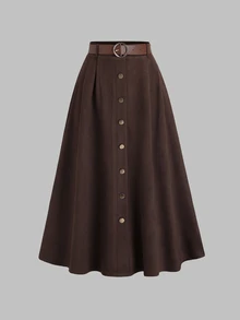Sweetra Women's Coffee Brown Suede Faux Skirt With Single-Breasted Design, Autumn/Winter - Coffee Brown - View 3