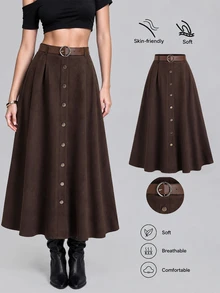 Sweetra Women's Coffee Brown Suede Faux Skirt With Single-Breasted Design, Autumn/Winter - Coffee Brown - View 1