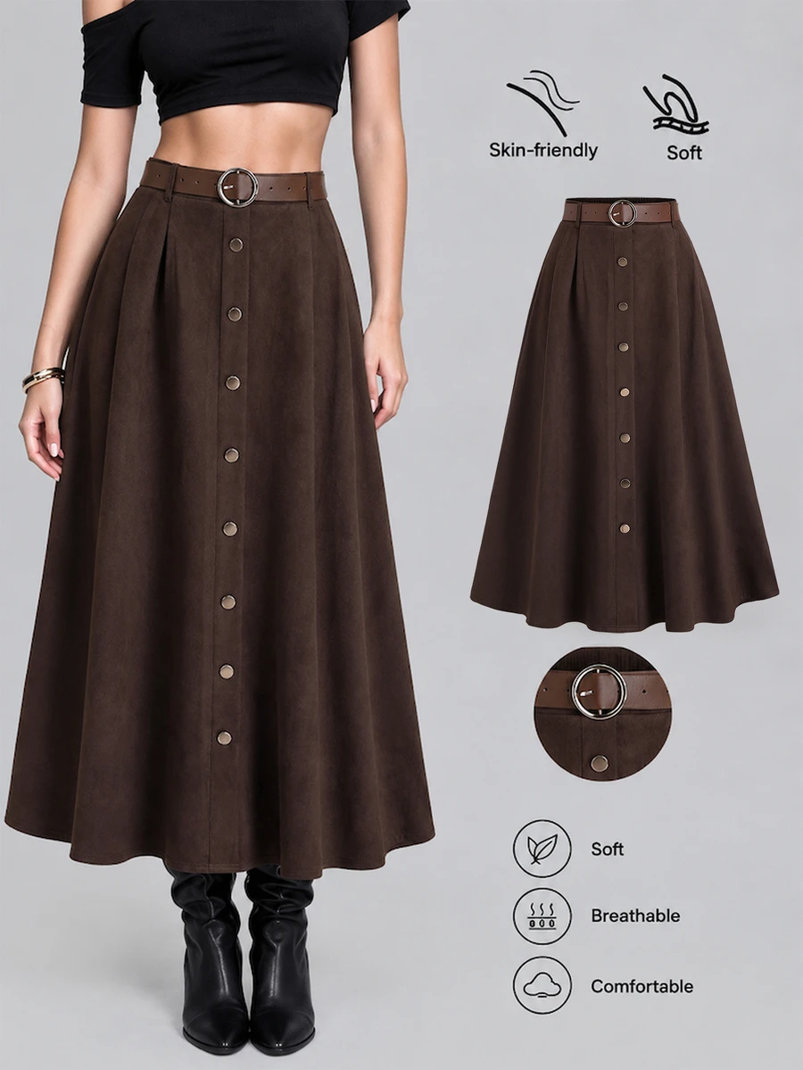 Sweetra Women's Coffee Brown Suede Faux Skirt With Single-Breasted Design, Autumn/Winter - Coffee Brown - View 1