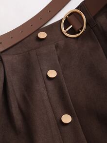 Sweetra Women's Coffee Brown Suede Faux Skirt With Single-Breasted Design, Autumn/Winter - Coffee Brown - View 4