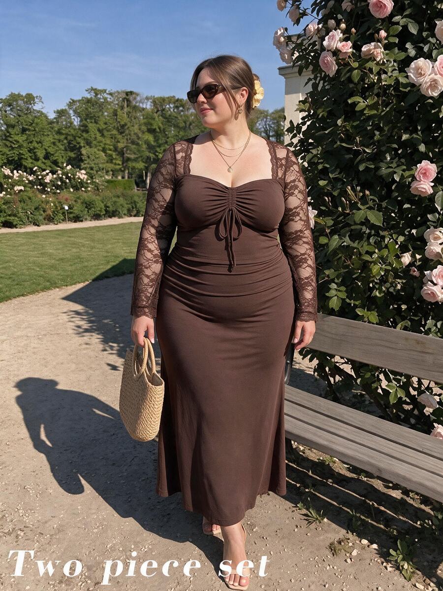 SHEIN MOD Plus Size Women Romantic Lace Sleeve Patchwork Ruched Waist Top, Side Ruched Tie Fishtail Skirt. Elegant Outfit, Party, Afternoon Tea, Event Fall - Coffee Brown - View 1