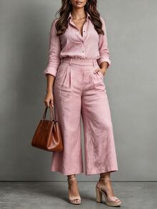 SHEIN LUNE Casual Pink Long Sleeve Button-Down Shirt And Pants 2 Pieces Set, Plus Size Women, Spring/Autumn/Winter Fall - Pink - View 5